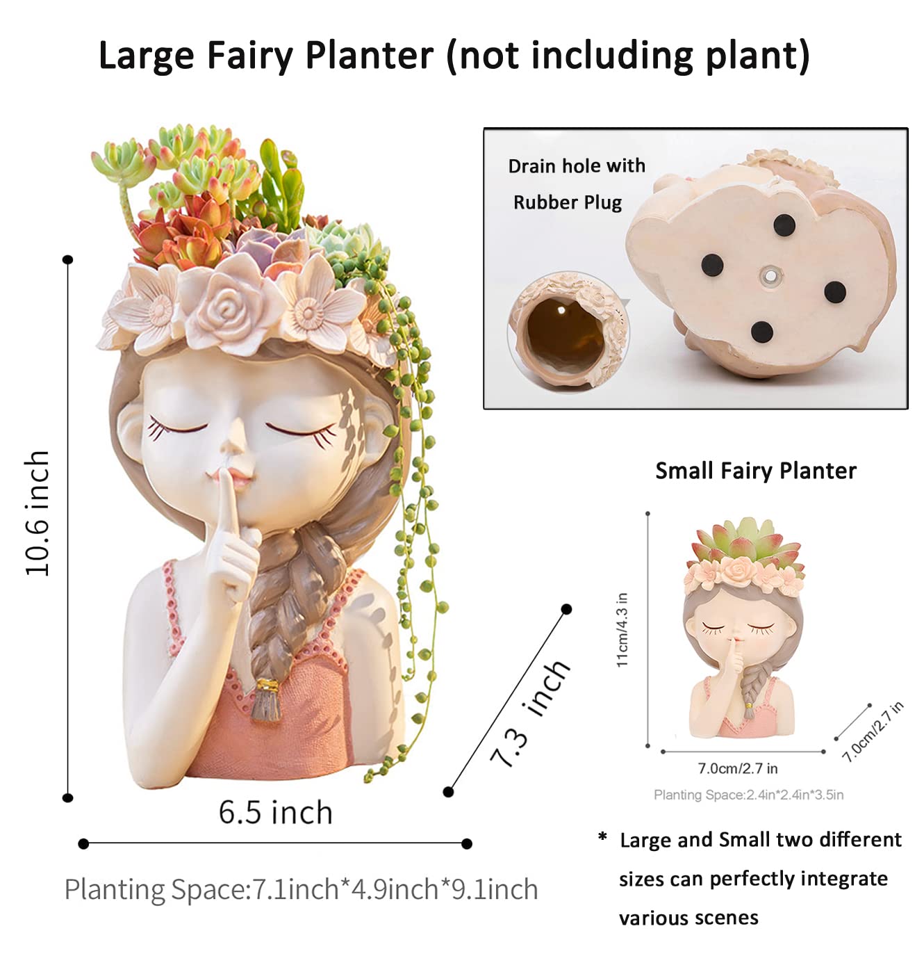 Snowy sunday Large Girl face planters -2pack Cute Big Succulent Pot with Drainage Hole Tall Lady Head Planter Resin Flower Pot Decorative vase for Indoor and Outdoor Plants Gifts for mom/Aunt/Lover