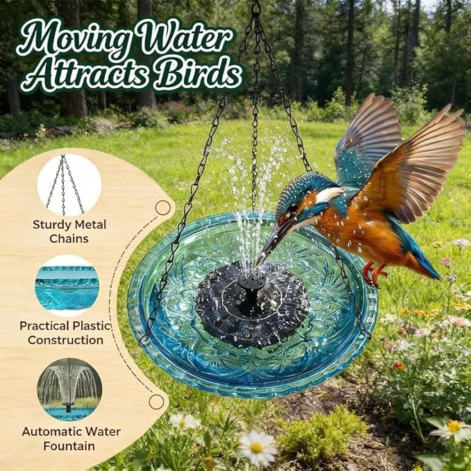Hanging Solar Bird Bath Fountain with Water Pump, Plastic Basin, 4 Nozzles, Sturdy Metal Chains, Outdoor Garden Decor (Can Spray Water, Pink)