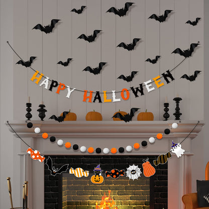Hotop Halloween Banner Set: Pom Pom Garland, Candy Banner, Bat Decorations for Party Decor