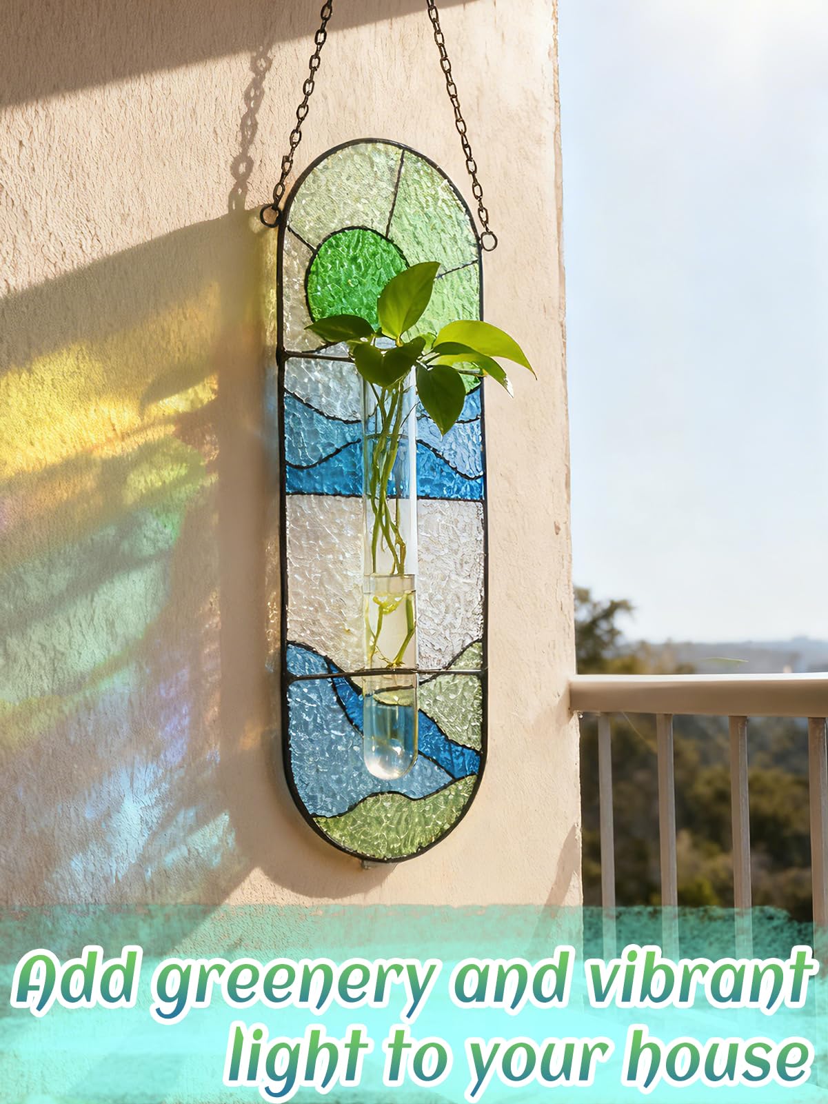 Stained Glass Plant Propagation Stations - Handmade Sunshine Catcher Hydroponic Planter Window Hanging with Glass Tubes, Terrarium Decor Gifts for Women Mom Plant Lovers, Green