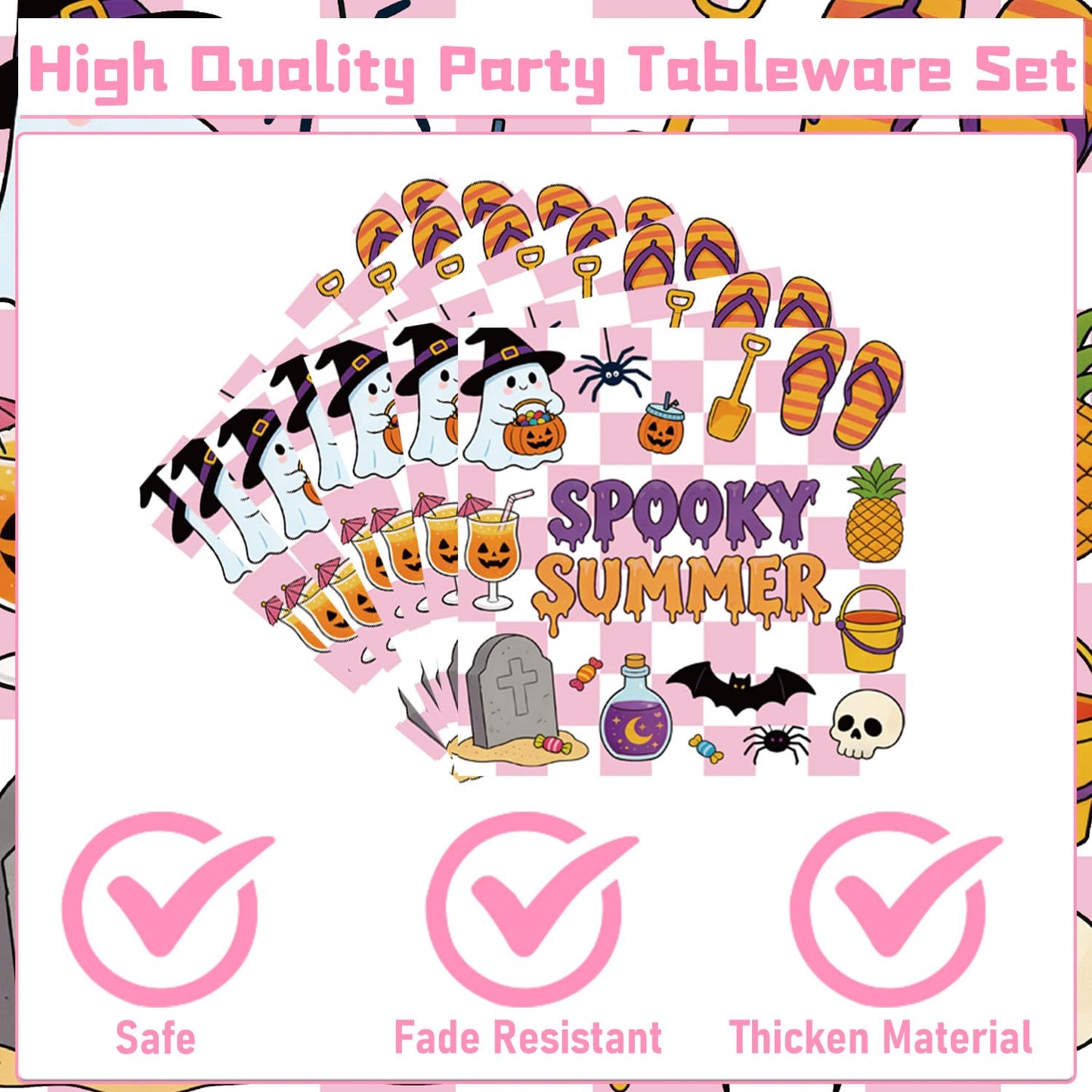 Gameza Summer Halloween Party Decorations - 96PCS Happy Summer Halloween Party Plates Napkins and Forks Disposable Tableware Set, Ghost Spooky Ween Vibes Holiday Party Supplies Decor, Serve 24