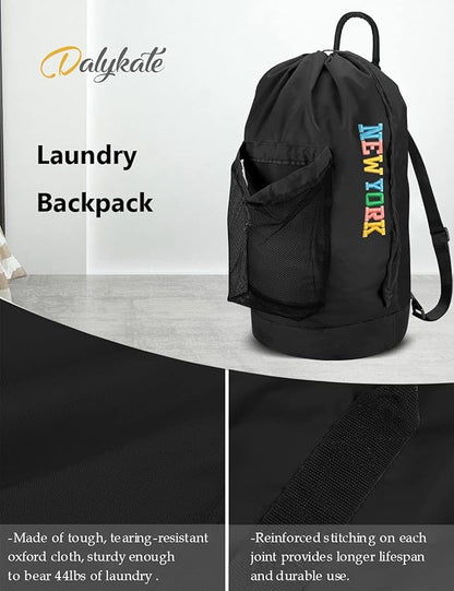 Dalykate Backpack Laundry Bag, Laundry Backpack with Shoulder Straps and Mesh Pocket Nylon Clothes Hamper Bag with Drawstring Closure