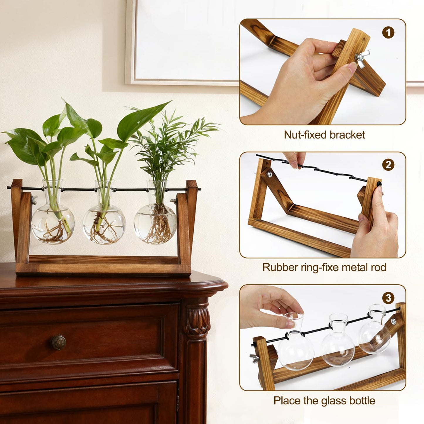 Renmxj Plant Propagation Stations with Wooden Stand & 3 Glass Bulb Vases - Plant Terrarium for Indoor Plants, Home Office Desk Decor, Gardening Gifts for Women Mom, Birthday Gifts for Plants Lovers
