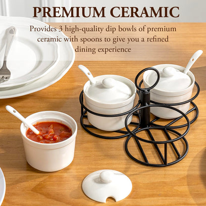 MyGift 10 Pc Set Ceramic Ramekin Condiment Dip Bowl with Lids and Spoons and Deluxe Modern Black Metal Wire Serving Rack for Sauces and Condiments