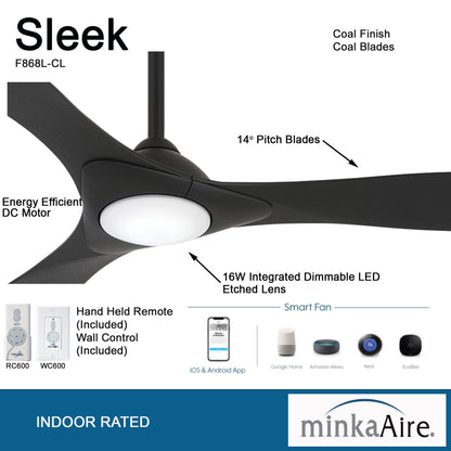 MINKA-AIRE Sleek 60in Smart Ceiling Fan with LED Light, Remote Control, Model F868L-CL/CL