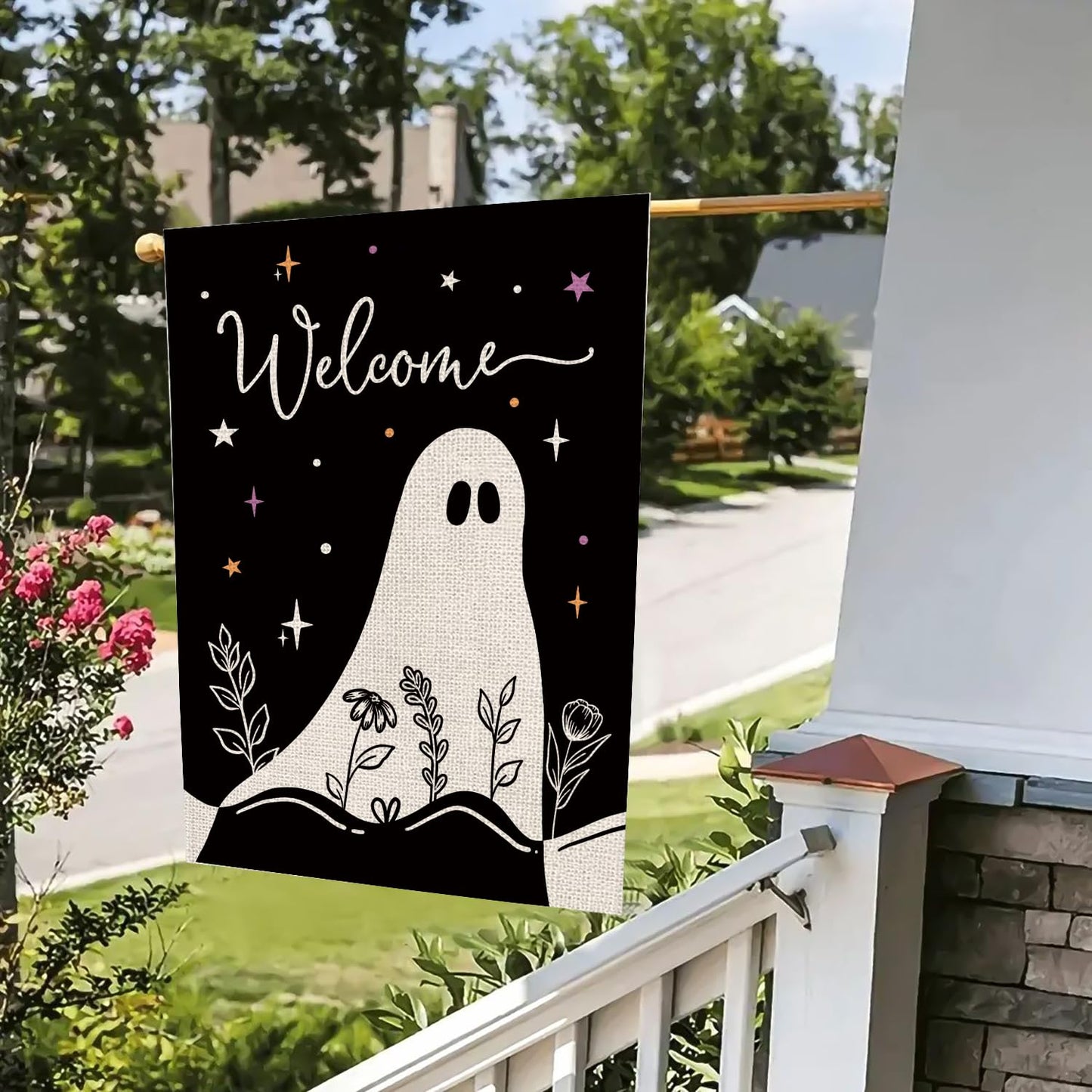 Halloween House Flag Ghost Black Burlap Double Sided 28x40 Inches Halloween Holiday Welcome Sign for Yard Lawn Home Outdoor Decor