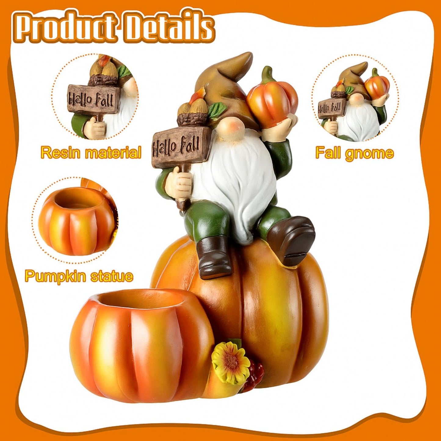 Hotop Fall Pumpkin Gnome Tealight Candle Holder, Thanksgiving Table Centerpiece Resin Figurine, Autumn Harvest Indoor Decor for Mantel Shelf Kitchen Dining Table, 6.5 Inch