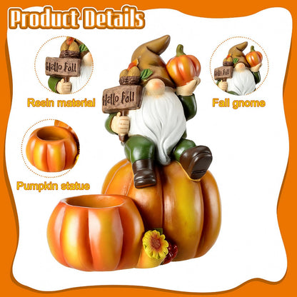 Hotop Fall Pumpkin Gnome Tealight Candle Holder, Thanksgiving Table Centerpiece Resin Figurine, Autumn Harvest Indoor Decor for Mantel Shelf Kitchen Dining Table, 6.5 Inch