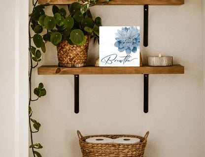 Mtrgdn Blue Bathroom Decor,Spa Bathroom Decor and Accessories,Breathe Blue Flower Wooden Box Sig for Home Spa Room Beauty Salon Decoration,5X5 Inch