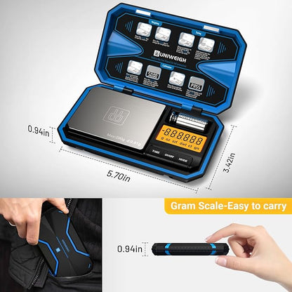 UNIWEIGH Digital Pocket Scale 200g/0.01g, Digital Gram Scale, Mini Jewelry Scales Digital Weight Grams with 50g Cal Weights for Food,Jewelry,Coins,Small Items,Coffee (Battery Included)-Blue