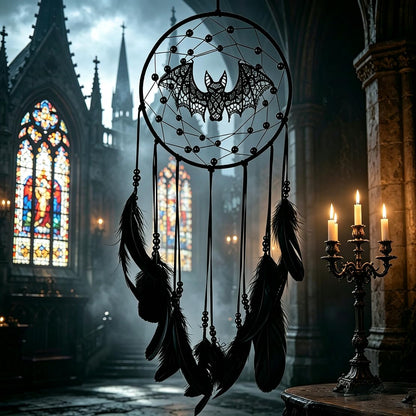 Remorlet Halloween Gothic Black Dreamcatcher with Bats - Large Handmade Bohemian Wall Hanging for Witchy Home Outdoor Decor, Halloween Bat Decor, Dark Gothic Gift (Bat B)