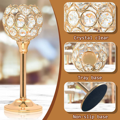 Kehail Crystal Metal Tealight Candlestick, Bling Bowl Candelabras, Tall Crystal Votive Candle Holders Elegant Crystal Candle Centerpiece for Dining Table Wedding Decor (Set of 3, Gold)