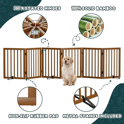 Semiocthome Walnut Dog Gates for Doorways, 6-Panel Freestanding Dog Gate Indoor for the House Stairs, 24" H Foldable Wooden Pet Gates with 4PCS Metal Stands, Expands Up to 110" (W)