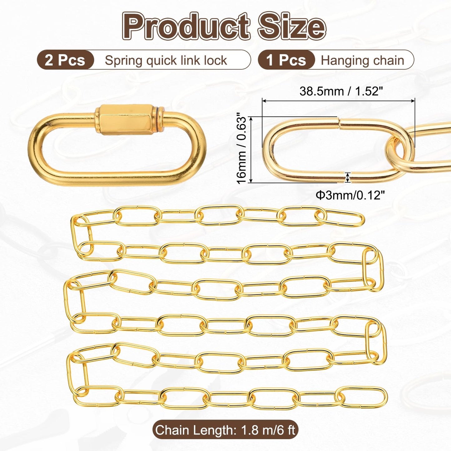 uxcell 6ft Lighting Hanging Chain, 3mm/0.12" Looping Metal Pendant Chandelier Chain Extension with 2 Quick Link Lock for Hanging Plant Pendant Chandelier Light Fixture, Gold Yellow