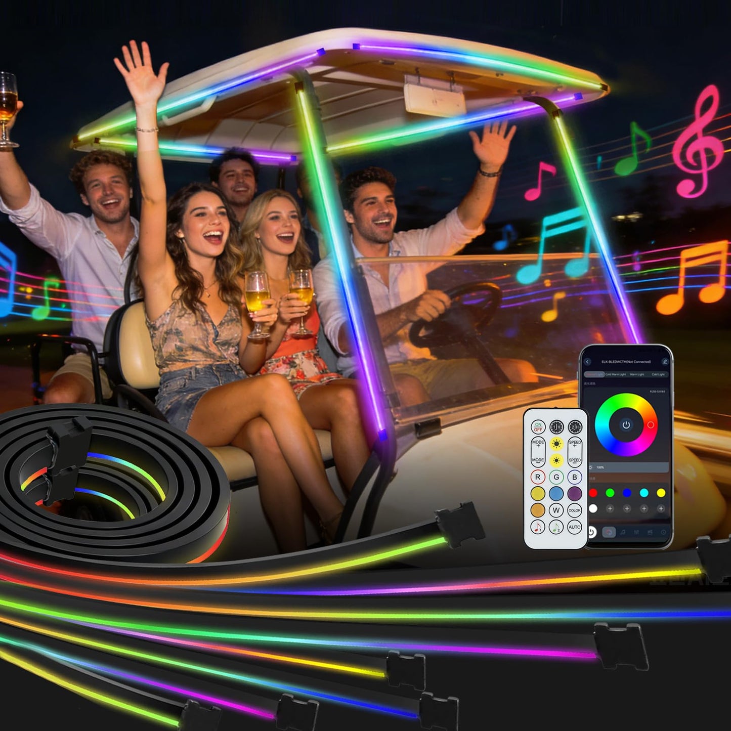 Roykaw 8PCS FCOB Golf Cart Canopy LED Light Strips,ATV/UTV Lights, Dream Color,12-80V, Dimmable & Uniform Lighting Effect, Multi Color/Sync Music/APP Remote Control, IP67 Waterproof