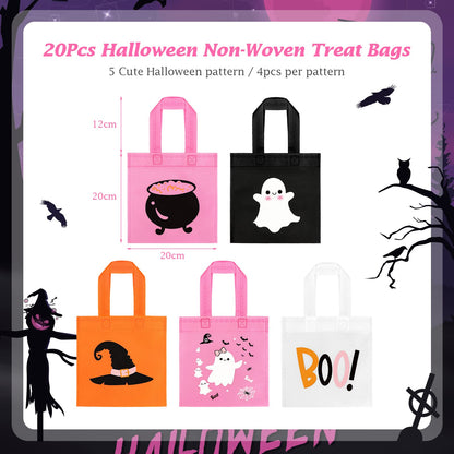 20pcs Pink Girl Halloween Treats Bags - Cute Ghost Witch Cauldron NonWoven Candy Bag Gift Tote for Little Boo Baby Shower Party Supplies