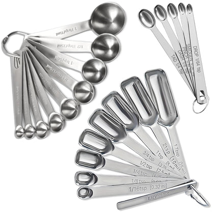 23 Pcs Stainless Steel Measuring Spoons Set with Leveler, Metal Round & Rectangular Spoons plus 5 Mini Teaspoons for Precise Cooking and Baking, Standard Sizes with Clear Engraved Markings