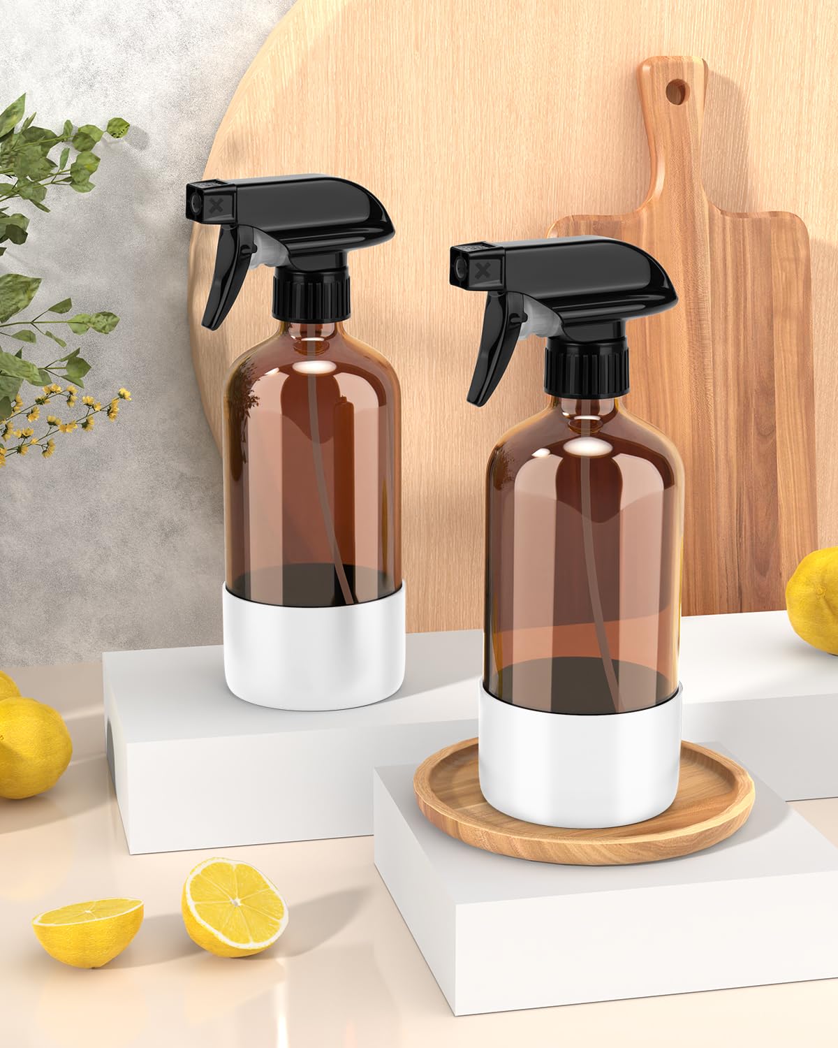 Bontip Glass Spray Bottle with Silicone Sleeve Protection, Amber Glass Spray Bottle Set for Window Cleaner Aromatherapy Facial Hydration Watering Flowers Hair Care 2 Pack/16 oz (White, 16 oz)