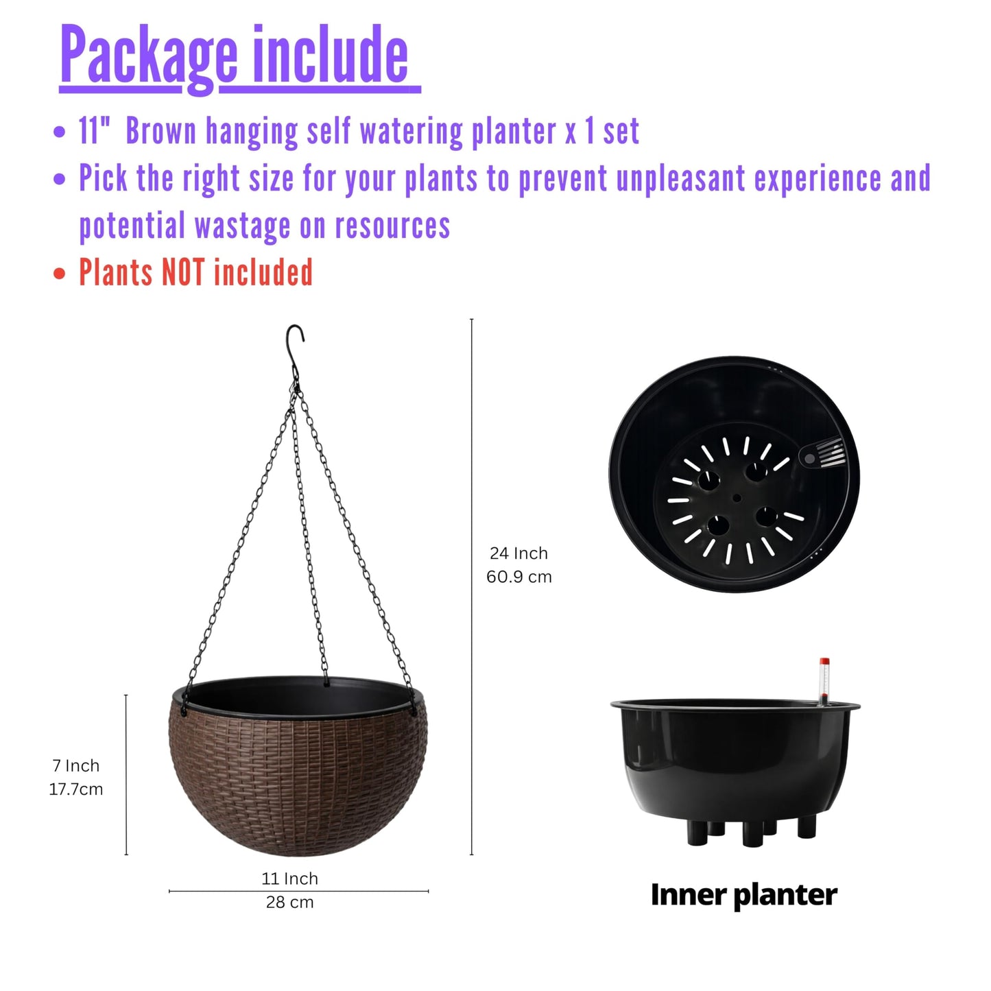 LaLaGreen Hanging Planters for Indoor Plants (11 Inch, 1 Pack) Brown Rattan Style Self-Watering Hanging Flower Pot with Water Level Indicator, Plastic Basket with Metal Chain for Balcony Porch Outdoor