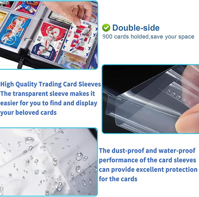 9 Pocket Card Binder for Cards, Trading Card Binder Fits 900 Cards with 50 Removable Sleeves, Zipper Card Holder Case Album Book for Boys Girls