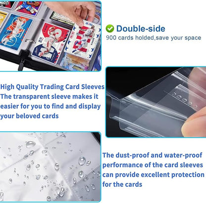9 Pocket Card Binder for Cards, Trading Card Binder Fits 900 Cards with 50 Removable Sleeves, Zipper Card Holder Case Album Book for Boys Girls