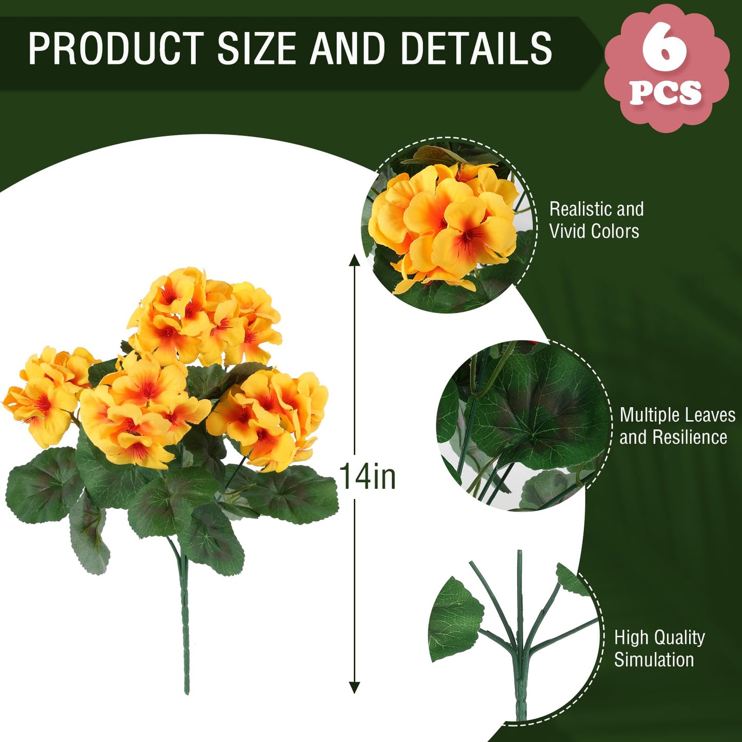 Hananona Artificial Geranium Flowers for Outdoors Geranium Silk Flowers Outdoor UV Resistant Garden Plants Faux Flowers for Home Kitchen Table Centerpieces Decor (6, Yellow)