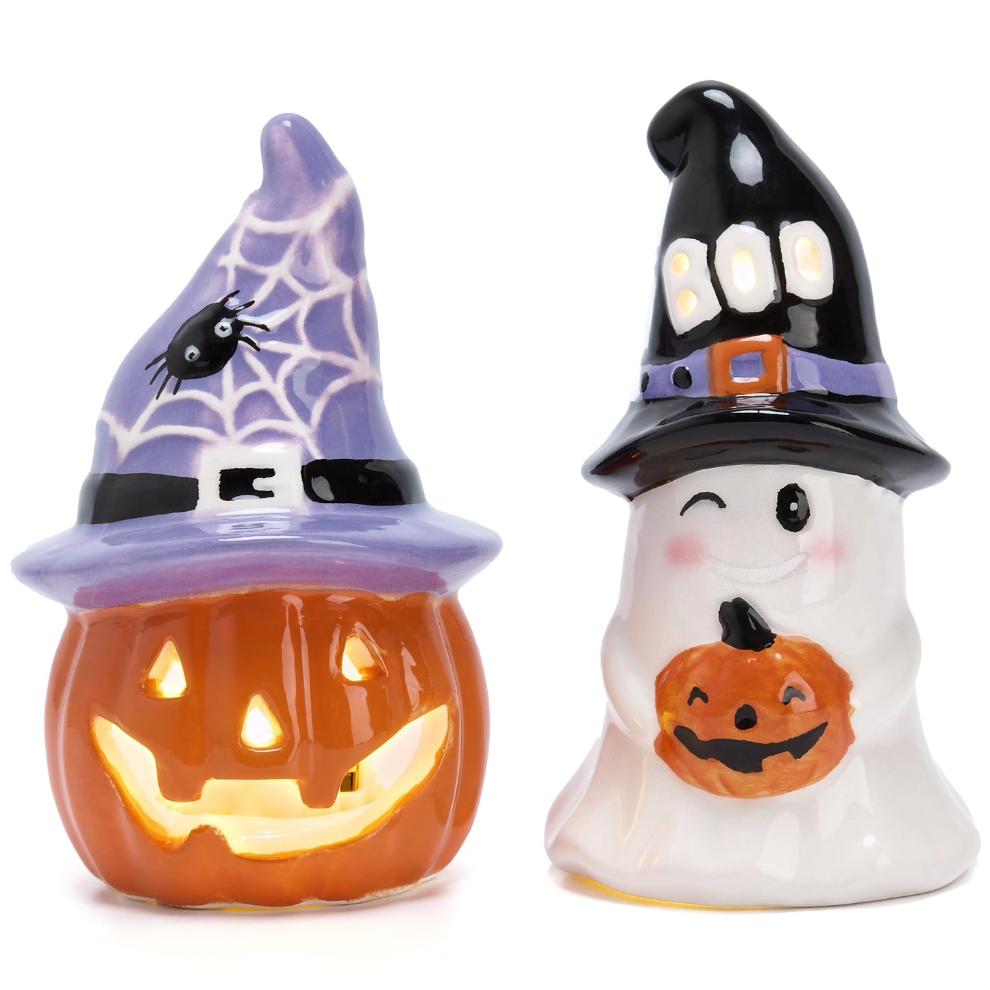 Valery Madelyn Halloween Decorations Indoor for Home, 2Pcs Ceramic Halloween Figurines with Light, Orange Jack o Lantern & White Ghost Decor with Spider Web Witch Hat for Table Tiered Tray, 4.1"