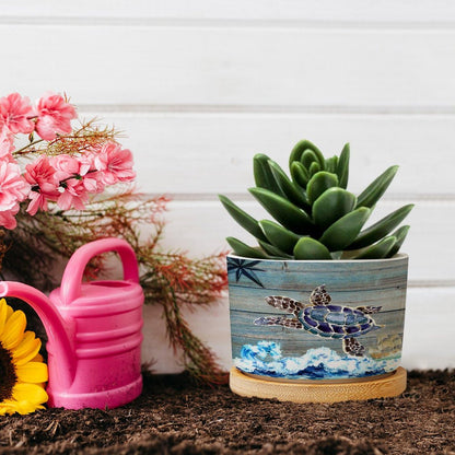 DreamAutumn Ocean Theme Sea Turtle Ceramic Pots for Plants with Drainage Holes Round Flower Pot Bamboo Tray Orchid Pot Succulents Pots for Outdoor Indoor Plants,Housewarming Gifts