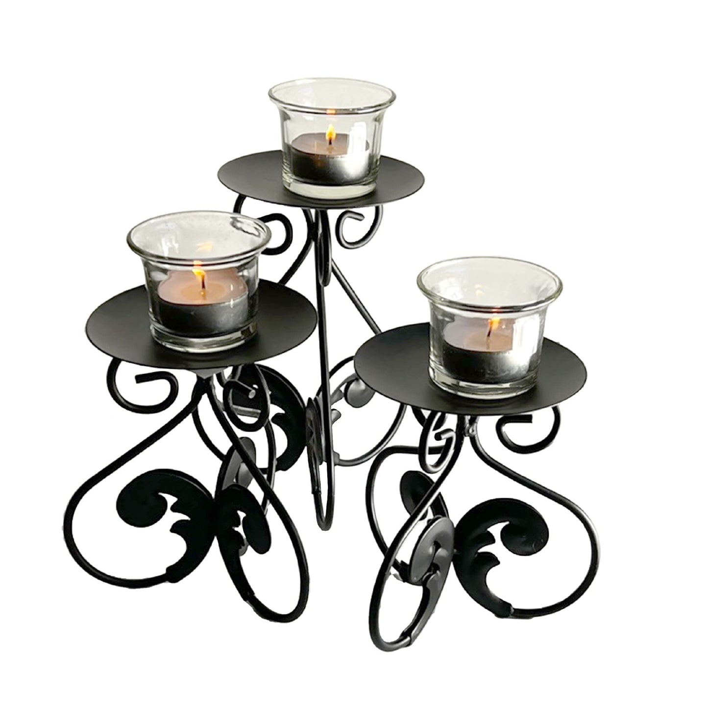 Lily’s Home Elegant Scrollwork Fleur De Lis Pillar Candle Holders, Wax & LED Candle Stands, Black, Set of 3. Candles Not Included