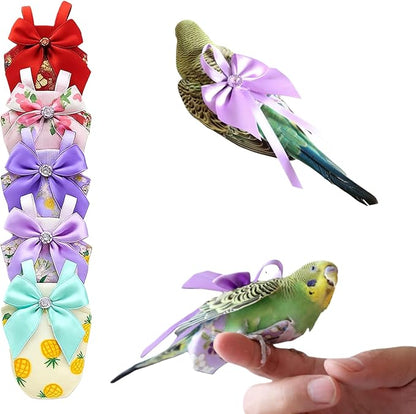 6pcs Bow Bird Diaper Set, Soft Reusable Flight Suit Clothing for Parrots Budgies Cockatiels — Cleaner Indoor Bonding & Training (M)