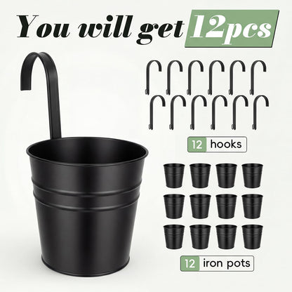 HowRU Hanging Flower Pots, Railing Planter Box for Outdoor Plants 12 Pack 5 Inch Metal Hanging Planters with Detachable Hooks Balcony Window Fence Garden Decoration Flower Boxes (Black)