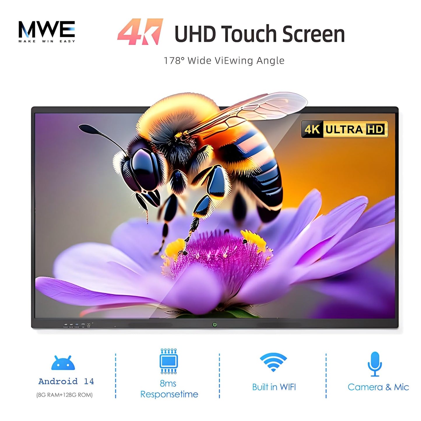 QIXZOCV 86" Smart Board, 4K Interactive Whiteboard, 20-Point Touch Screen, Android 14, 8GB & 128GB, Screen Sharing, Bluetooth/WiFi/HDMI, All-in-One Meeting & Education Solution (Wall Mount Included)