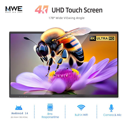 QIXZOCV 86" Smart Board, 4K Interactive Whiteboard, 20-Point Touch Screen, Android 14, 8GB & 128GB, Screen Sharing, Bluetooth/WiFi/HDMI, All-in-One Meeting & Education Solution (Wall Mount Included)