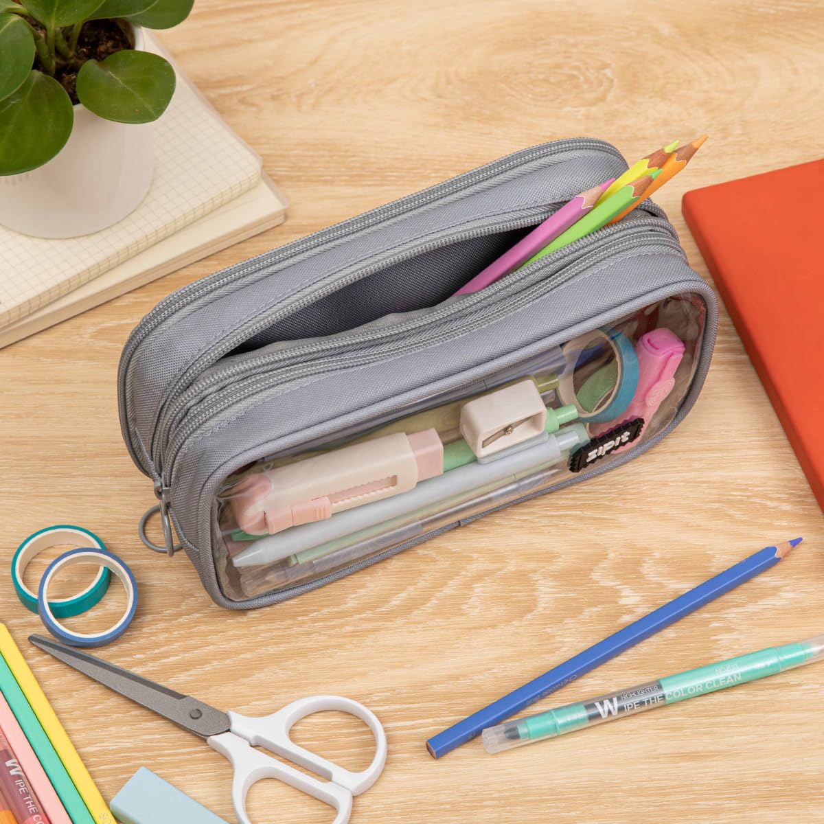 ZIPIT Half & Half Pencil Case, 3 Compartment Zipper Pouch for School, Stationery Bag for Teen Girls Boys and Adults, Grey