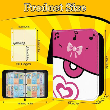 Cute Pink 4 Pocket Trading Card Binder with Zipper and Wrist Strap, Holds 400 Cards, 50 Removable Double-Sided Sleeves, Collectible Card Album Portfolio for Girls
