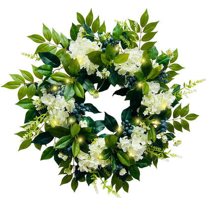 Svndlyn 22 Inch Lighted Hydrangea Wreath with Timer for All Season 20 Lights Steady & Flashing Modes Artificial Hydrangea Flower Blueberry and Eucalyptus Leaves for Outdoor Front Door Wall Window