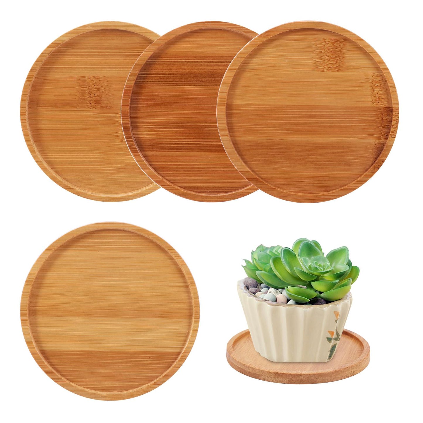 Qirvaten 4 Pack Bamboo Plant Pot Saucers, 4.7 Inch Round Bamboo Coaster Plant Drainage Tray Cork Wood Drip Pads Plates for Owl Pots Succulent Pots, Flower Pot