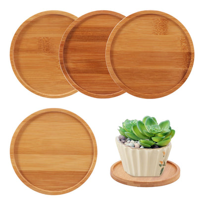 Qirvaten 4 Pack Bamboo Plant Pot Saucers, 4.7 Inch Round Bamboo Coaster Plant Drainage Tray Cork Wood Drip Pads Plates for Owl Pots Succulent Pots, Flower Pot