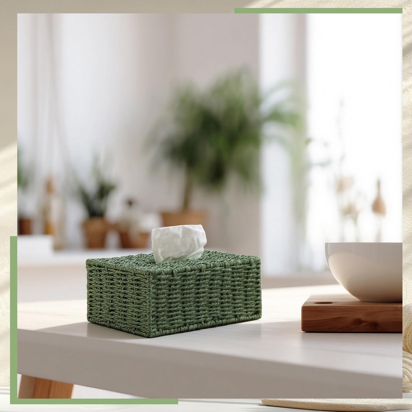 Acellegic Sage Green Tissue Box Cover Rectangle Natural Paper Rope Hand Woven Tissue Box Holder for Bathroom Living Room Bedroom Kitchen Table Desk Office Farmhouse Home Decor