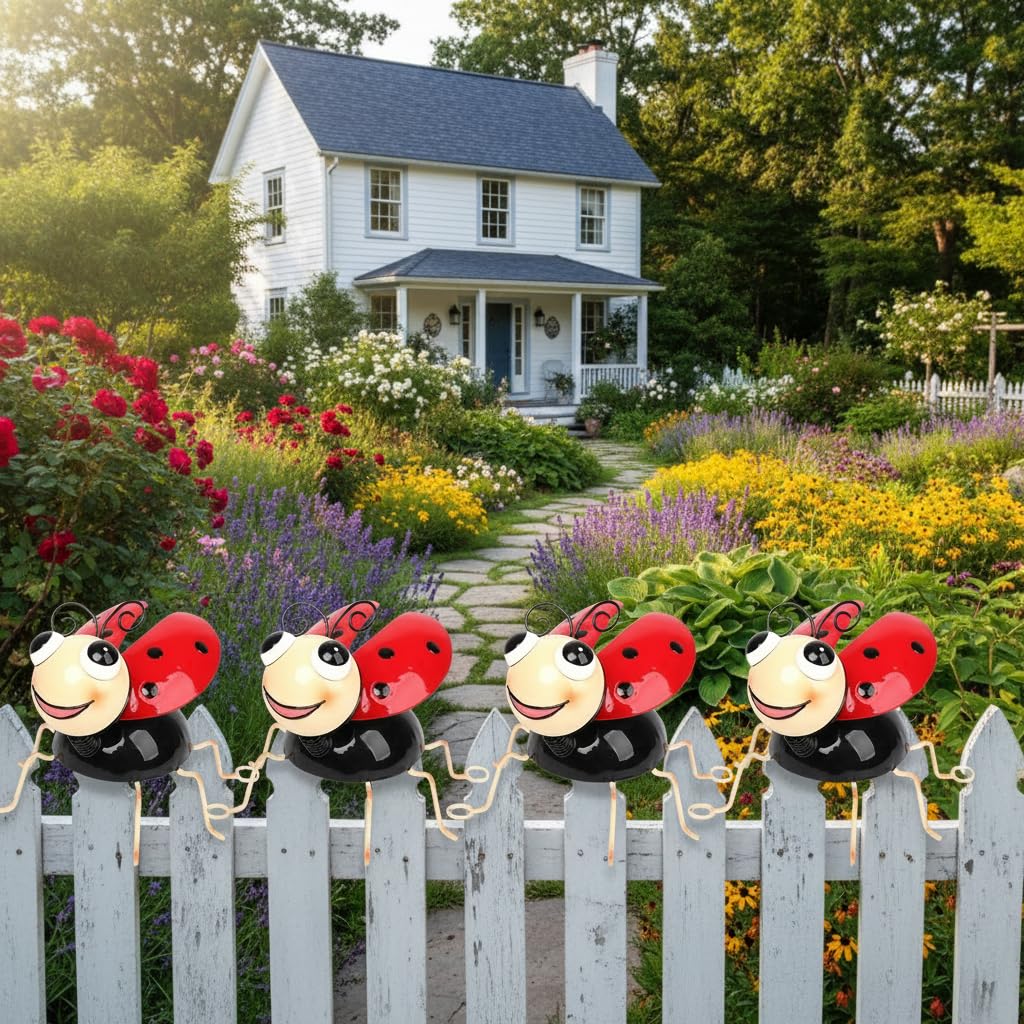 Cruis Cuka Metal Yard Art Garden Decor for Outside Cute Red Ladybugs Lawn Patio Ornaments Backyard Decorations Garden Gifts for Mom - Set of 4