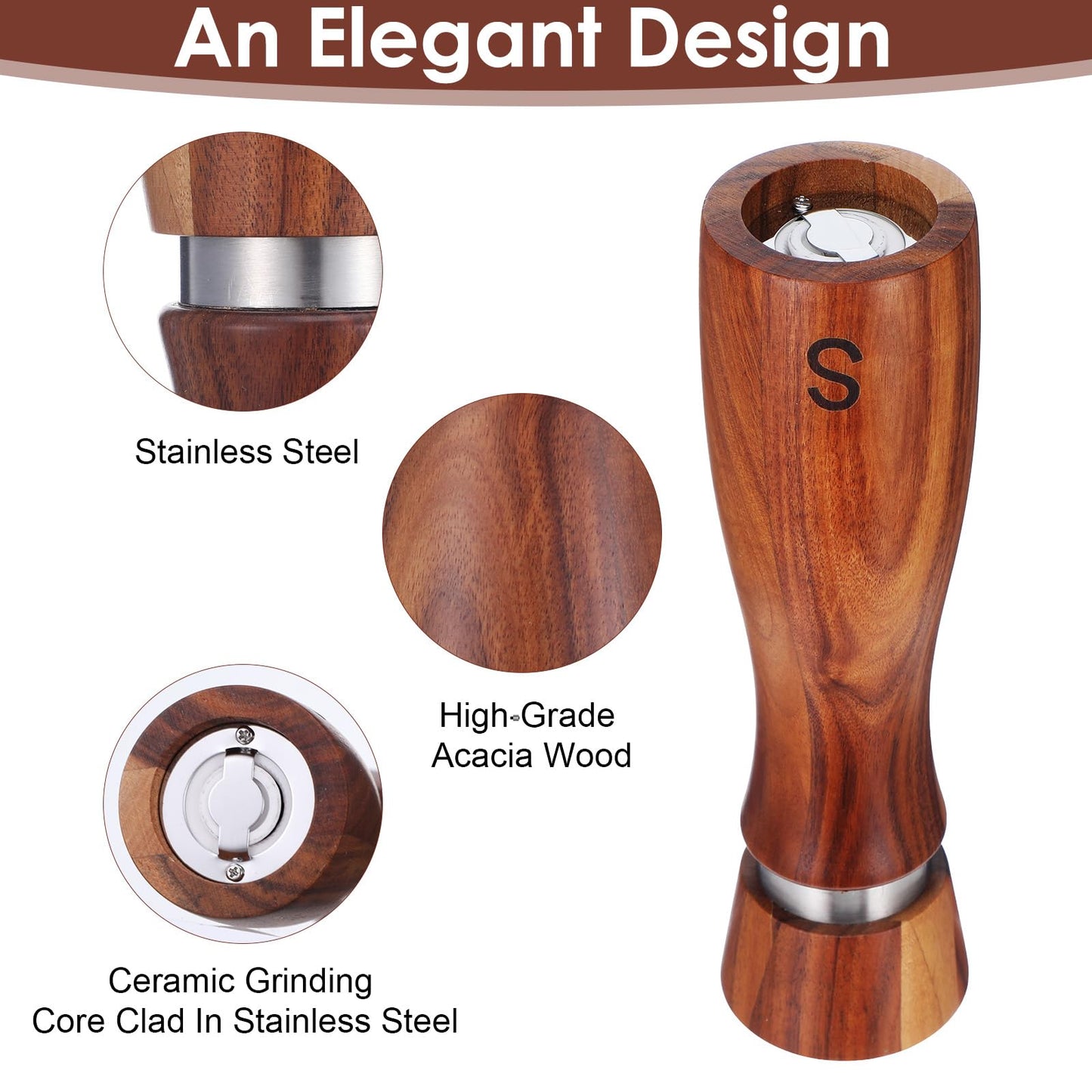 Ckhoid 2Pcs Wooden Salt and Pepper Grinder Set, Manual Pepper Grinder with Ceramic Core, Adjustable Coarseness, Along with Salt&Pepper Mill Tray, Spoon (8.7 Inch)