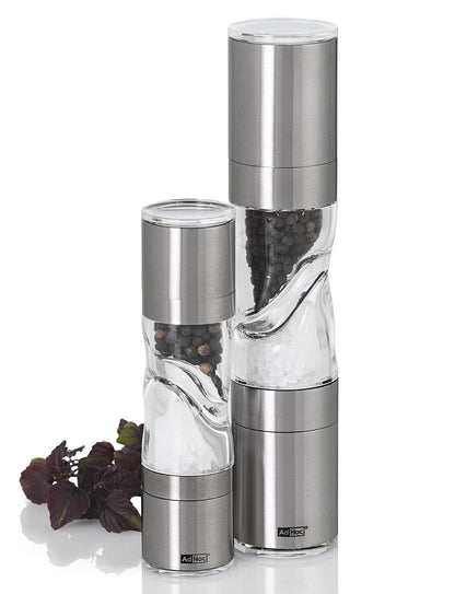 AdHoc Mini Duo Salt and Pepper Mill - Salt & Pepper Grinders with Ultra-Sharp Grinding Mechanisms - Refillable Mills & Spice Shakers with Adjustable Grinding - Stainless Steel/Acrylic