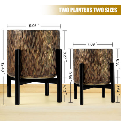 Harvest Land Plant Pots with Stand, Set of 2 Large Modern Planters Metal Tall Handmade Flower Pots with Drainage Holes Indoor Outdoor,Bronze