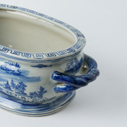 XIGGJYL JINDEZHEN Vintage Blue and White Flower & Birds Porcelain Footbath Planter Chinoiserie Scenery Motif Ceramic Flower Pot (Blue2)