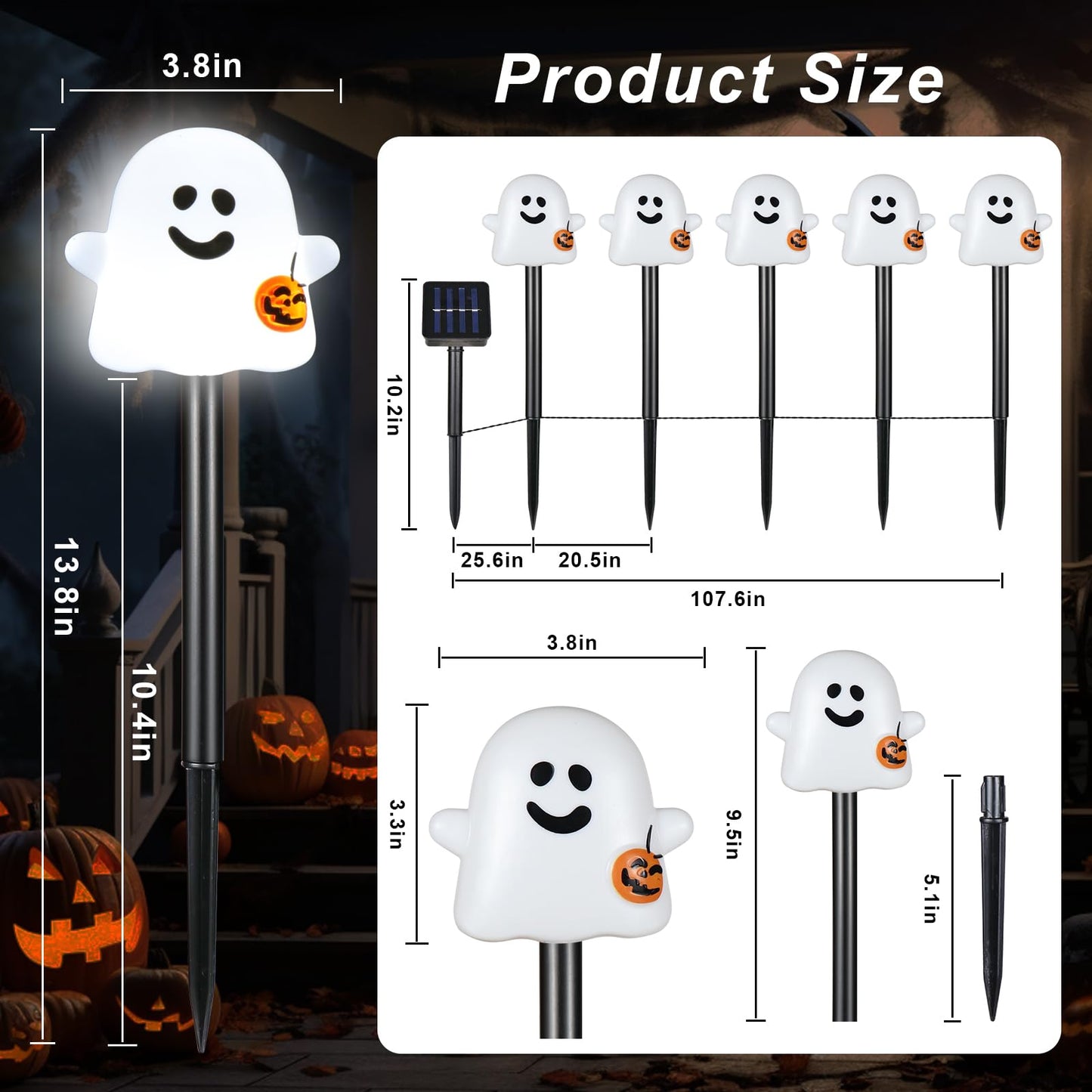 BRIGHTDECK Solar Halloween Ghost Pathway Lights, 10 Pack Ghost Stake Lights with Pumpkin Design, Durable Waterproof Outdoor Halloween Decoration for Garden, Walkway, and Yard (Cold White)