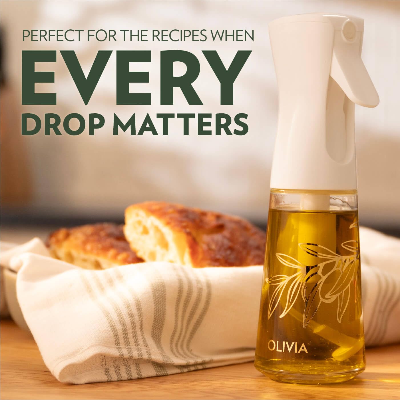OLIVIA SIGNATURE Advanced Kitchen Oil Sprayer with Flairosol Technology, Fine Mist & Portion Control, Refillable Glass Olive Oil Cooking Spray Bottle for Air Fryer, Salad, BBQ, 200ml (Golden Leaves)