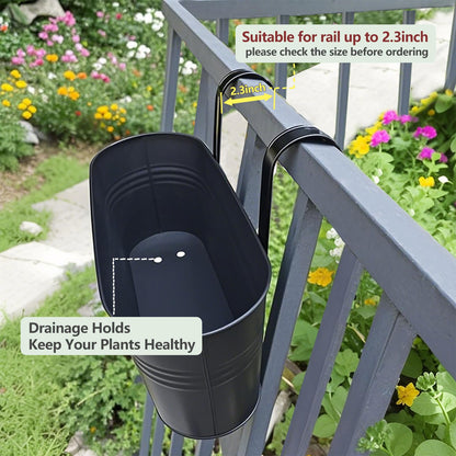 Venyat 16 Inch 4 PCS Metal Hanging Flower Pots for Railing Fence, Large Railing Planters for Outdoor Plants, Fence Hanging Planters with Detachable Hooks for Garden Balcony