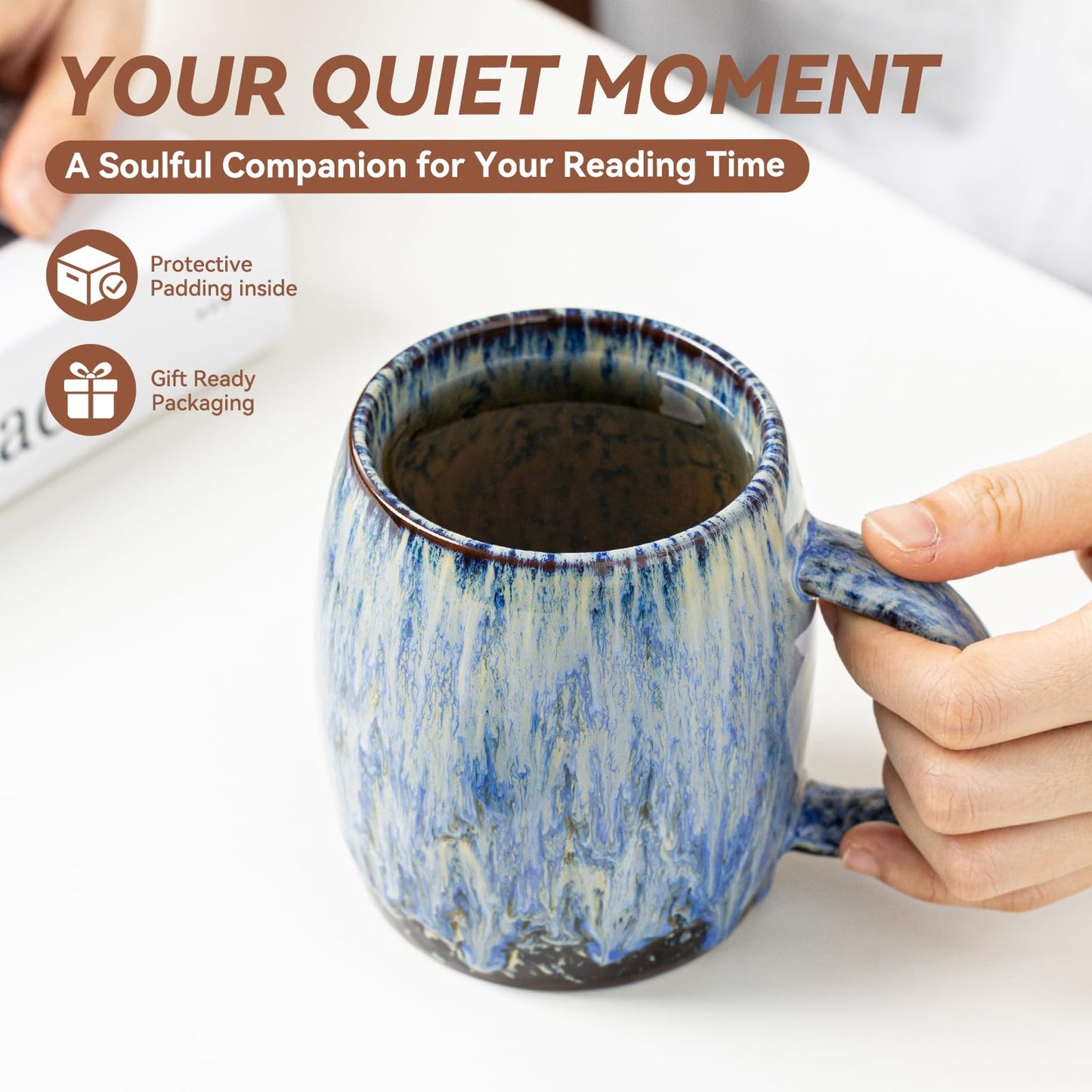 Unique Reactive Glaze Ceramic Coffee Mug - 14 oz Large Coffee Cup with Ergonomic Handle, Deep Sea Blue Mug for Coffee, Tea, Milk - Perfect Birthday & Housewarming Gift for Friends, Women, Men