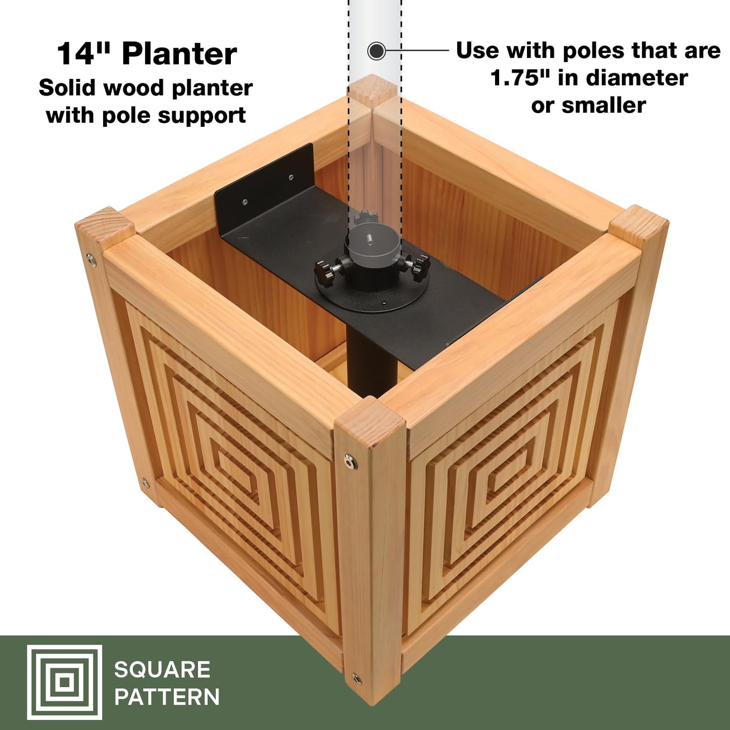 EXCELLO GLOBAL PRODUCTS 14" Jardin Square Panel Wooden Outdoor Pole Planter – Natural Modern Patio Planter Box for Deck, Porch, Balcony & Garden Decor