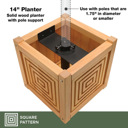 EXCELLO GLOBAL PRODUCTS 14" Jardin Square Panel Wooden Outdoor Pole Planter – Natural Modern Patio Planter Box for Deck, Porch, Balcony & Garden Decor